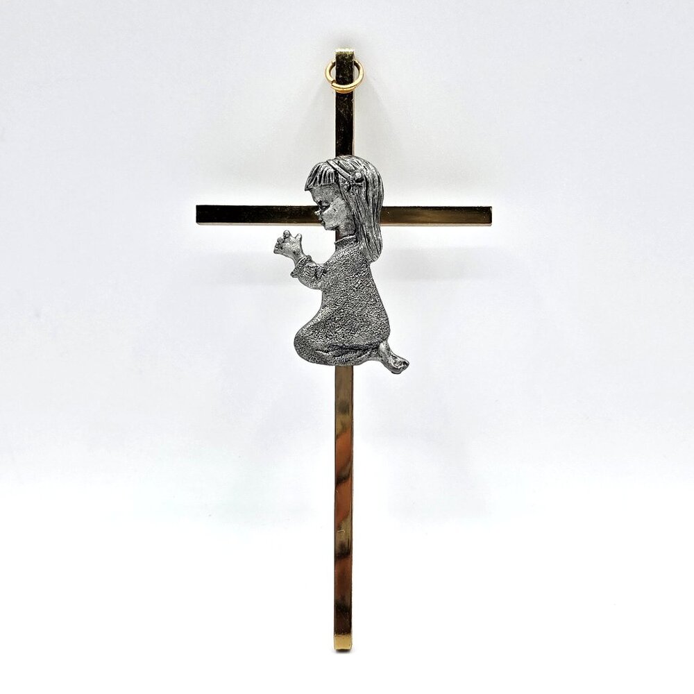 Wall Cross Crucifix with Pewter Praying Child Gold Toned Brass Baptism Gift 6 In